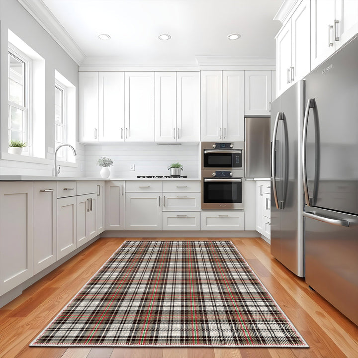 Brown And White Tartan Pattern Machine Washable Rug - The Rug Decor