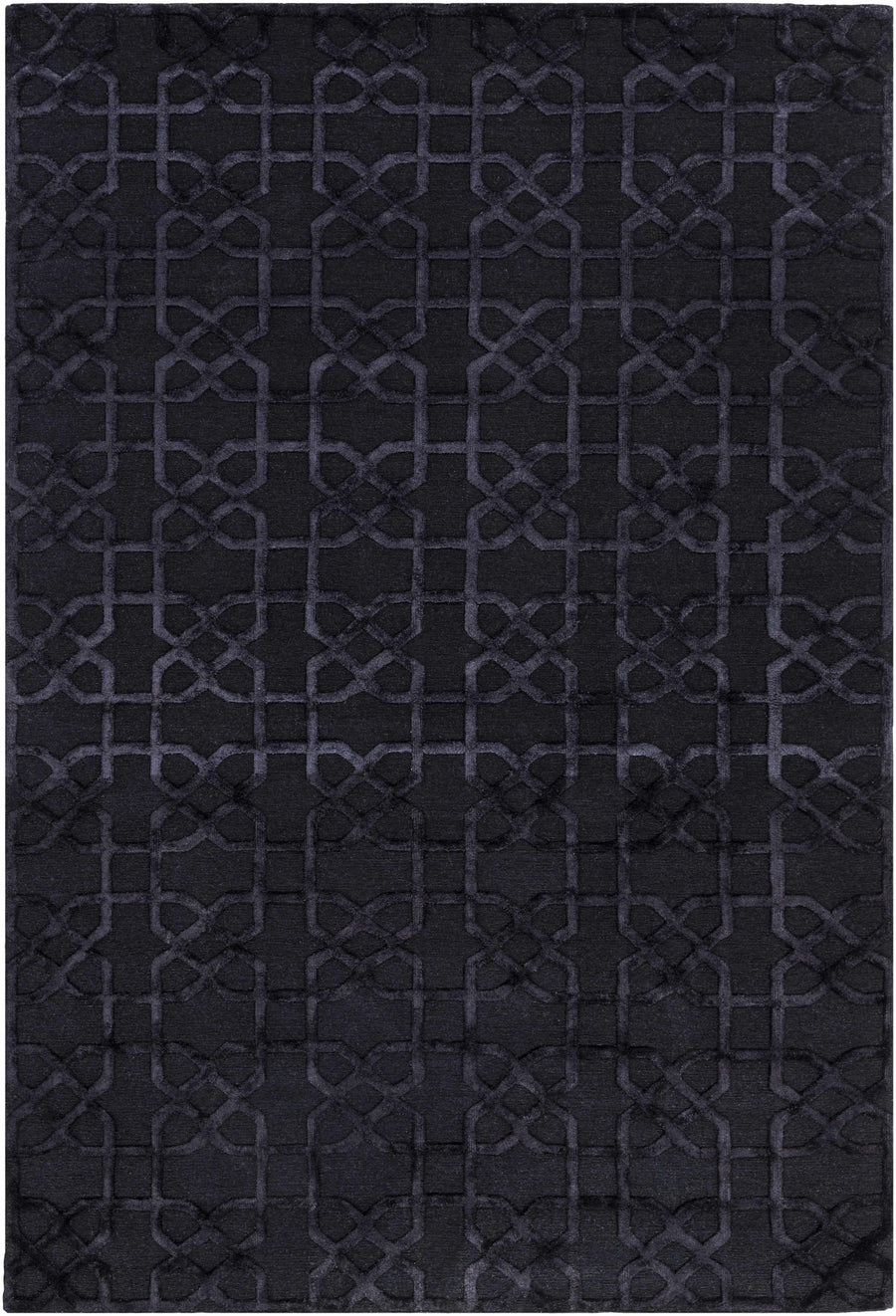 Black geometric hand-knotted wool area rug with lattice pattern