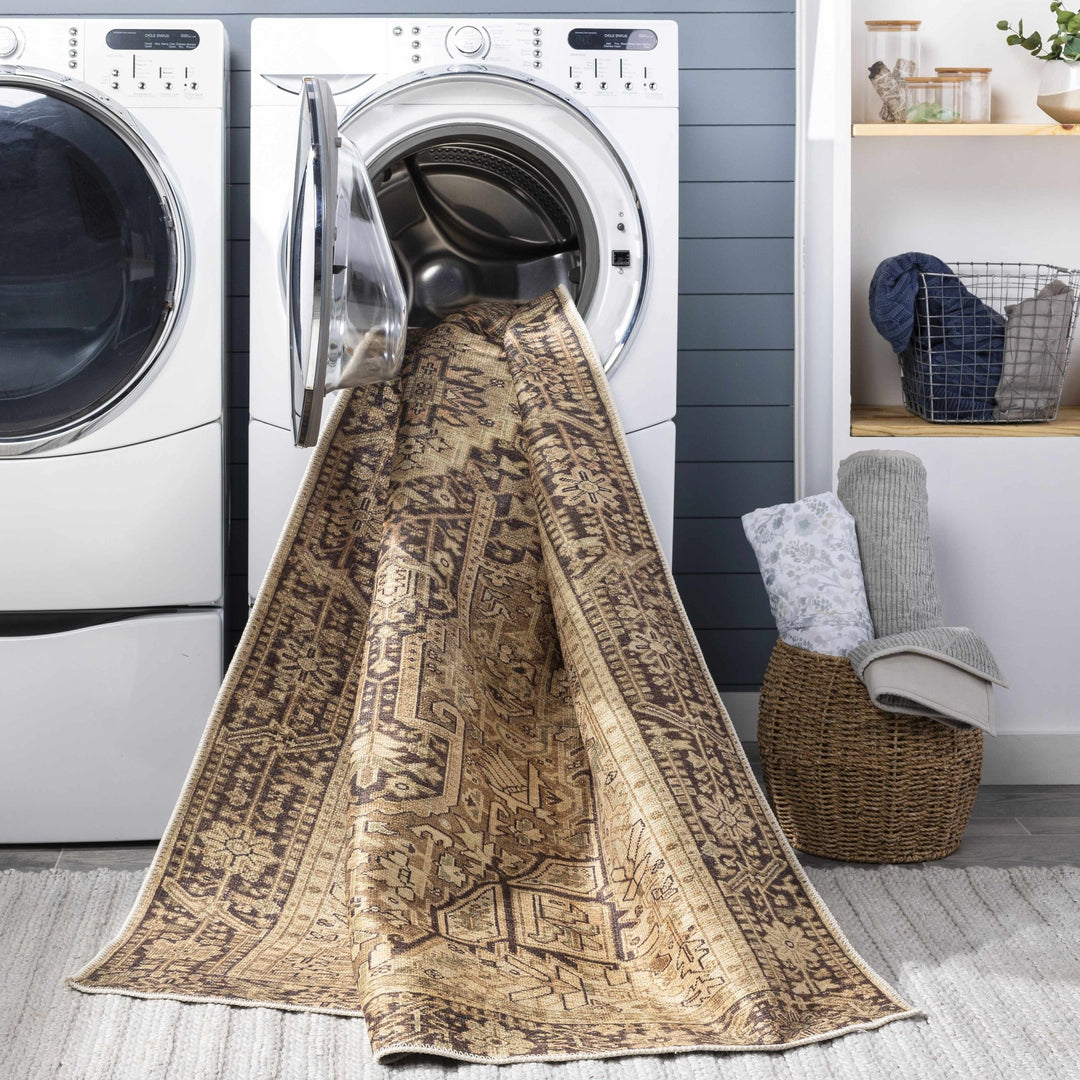 Buliran Beige And Brown Traditional Medallion Washable Area Rug - The Rug Decor