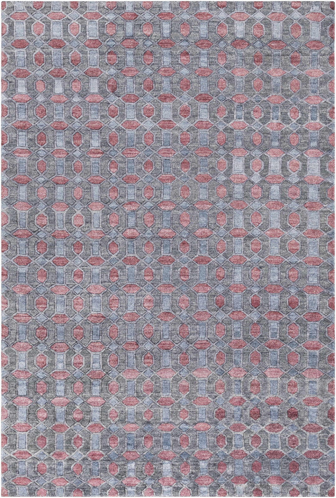 Geometric hand-knotted area rug in gray with red accents, rectangular design
