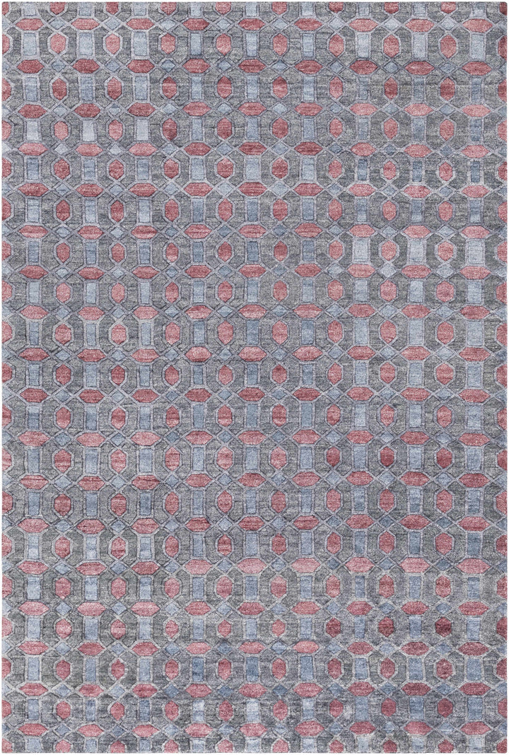 Geometric hand-knotted area rug in gray with red accents, rectangular design