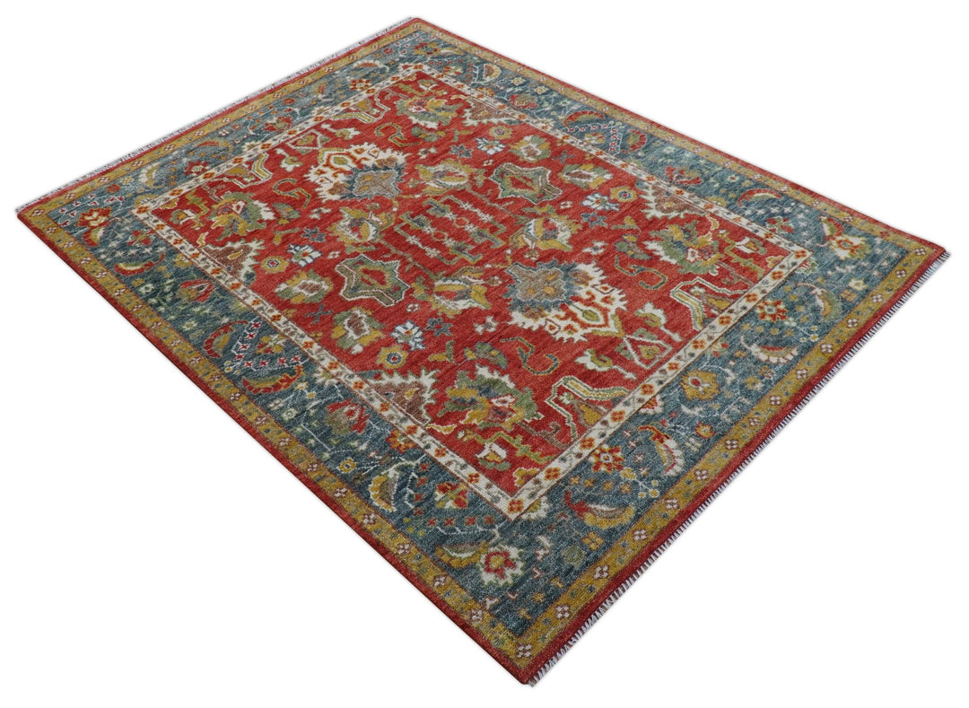 Cali Hand Knotted Turkish Design Rust And Blue Wool Rug - The Rug Decor