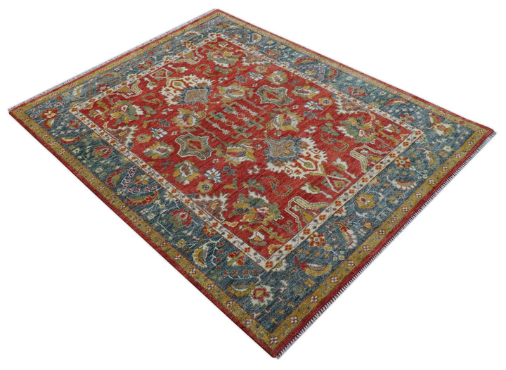 Cali Hand Knotted Turkish Design Rust And Blue Wool Rug - The Rug Decor