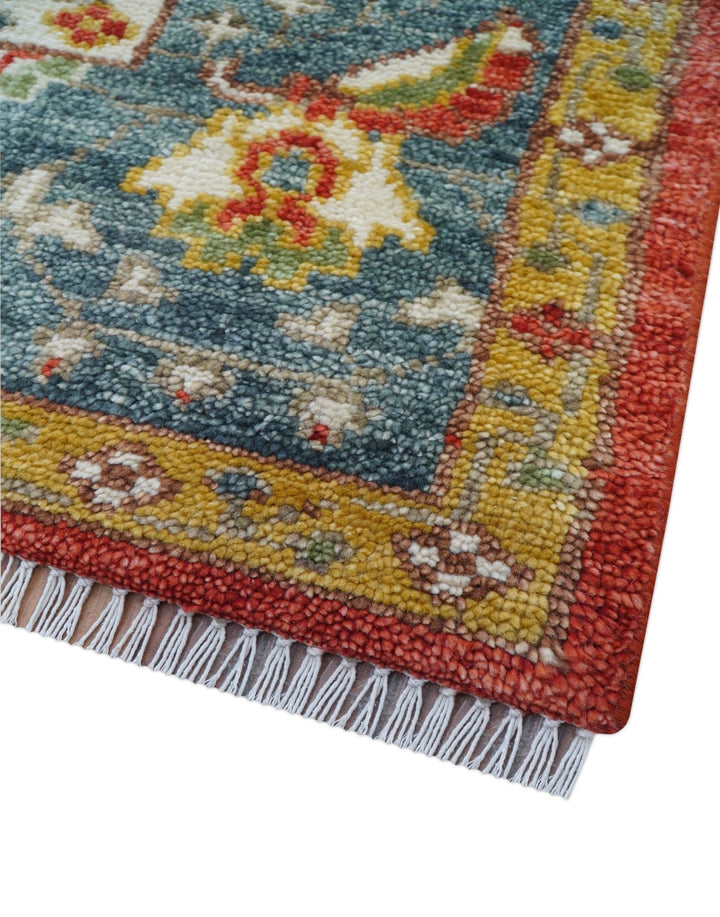 Cali Hand Knotted Turkish Design Rust And Blue Wool Rug - The Rug Decor