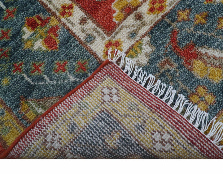 Cali Hand Knotted Turkish Design Rust And Blue Wool Rug - The Rug Decor