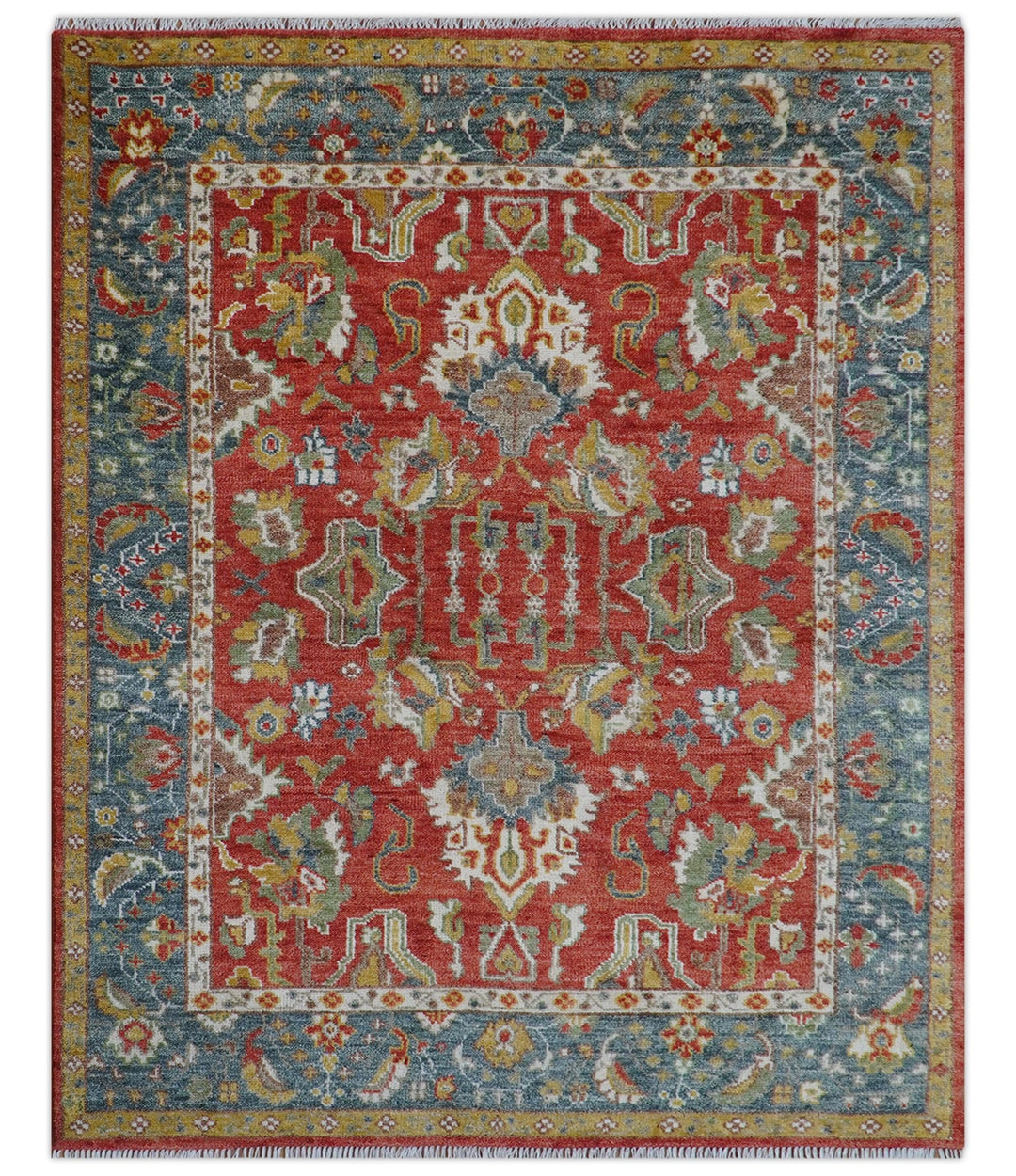 Cali Hand Knotted Turkish Design Rust And Blue Wool Rug - The Rug Decor