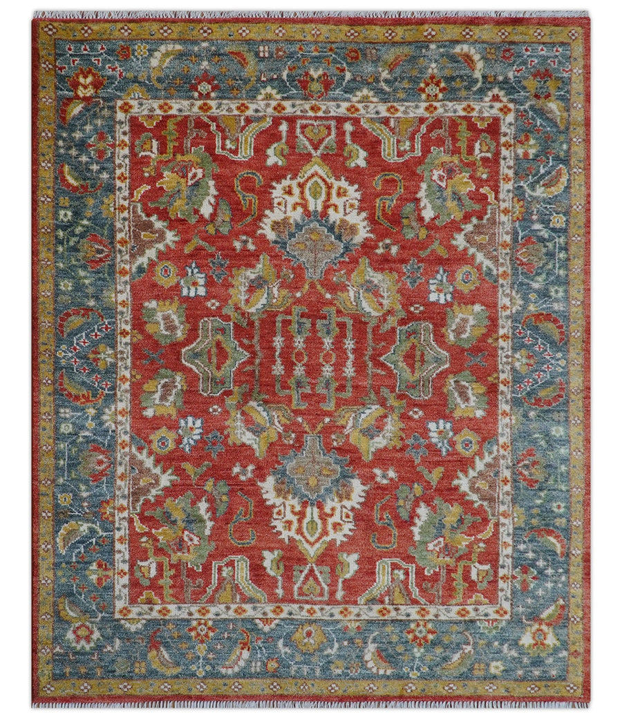 Cali Hand Knotted Turkish Design Rust And Blue Wool Rug - The Rug Decor