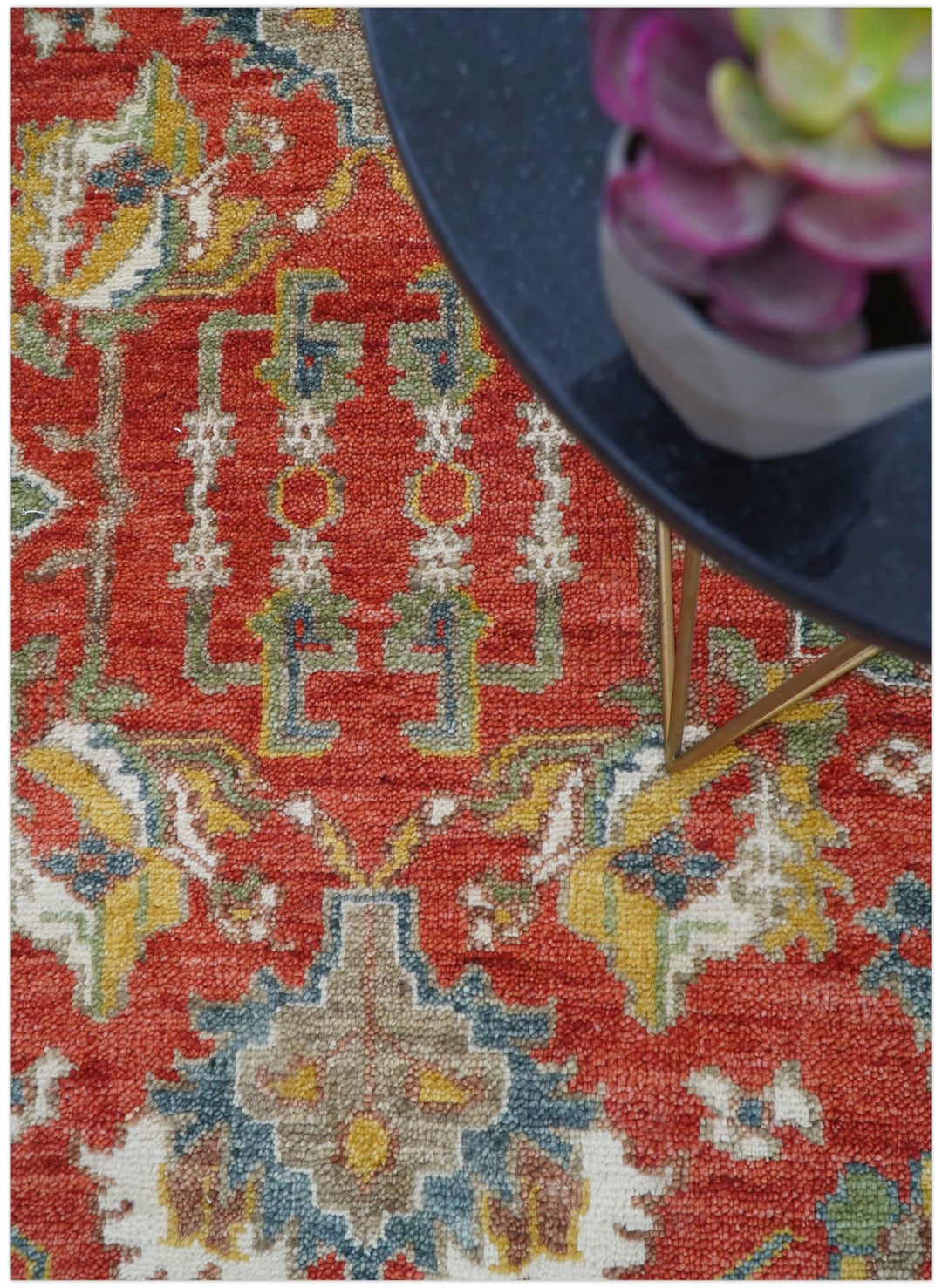 Cali Hand Knotted Turkish Design Rust And Blue Wool Rug - The Rug Decor
