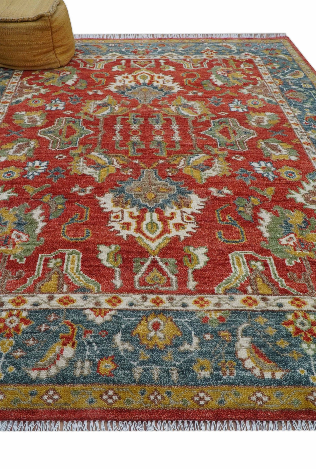 Cali Hand Knotted Turkish Design Rust And Blue Wool Rug - The Rug Decor