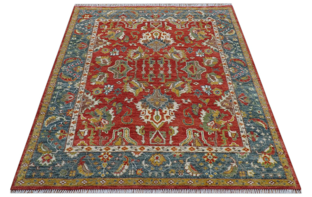Cali Hand Knotted Turkish Design Rust And Blue Wool Rug - The Rug Decor