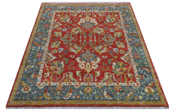Cali Hand Knotted Turkish Design Rust And Blue Wool Rug - The Rug Decor