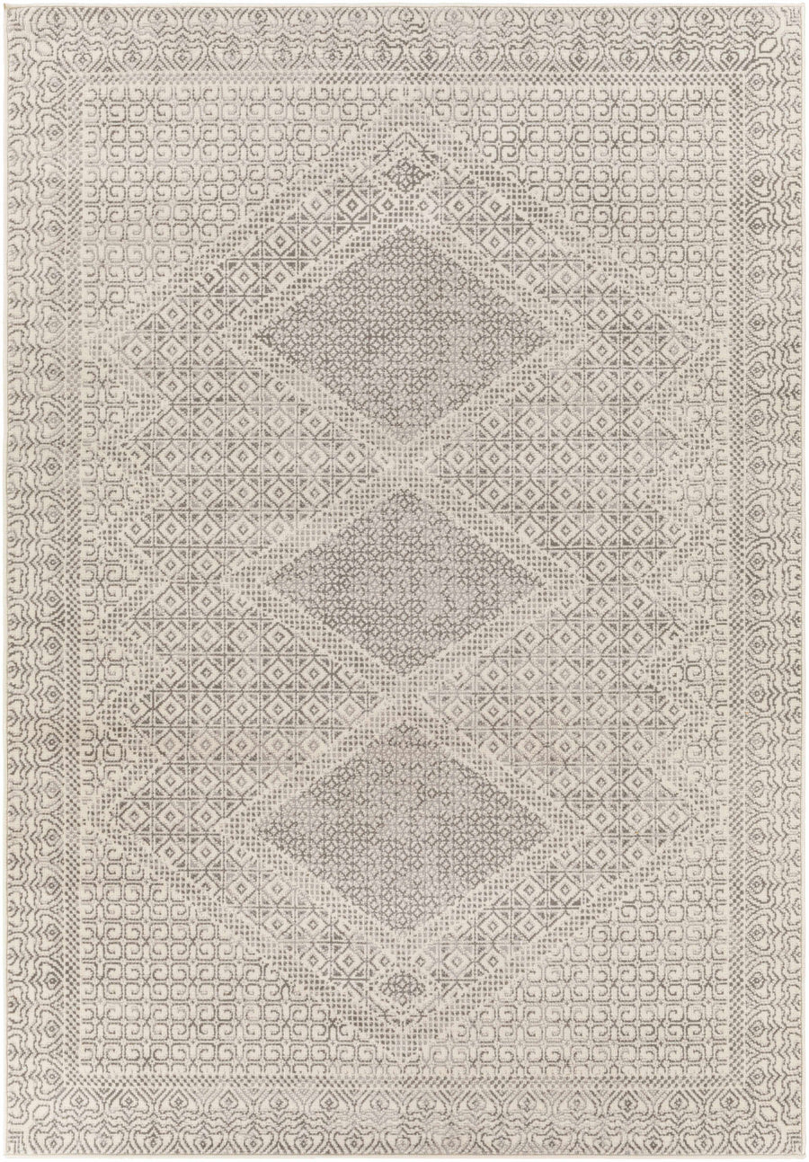 Ivory and gray modern geometric area rug with diamond pattern and border.