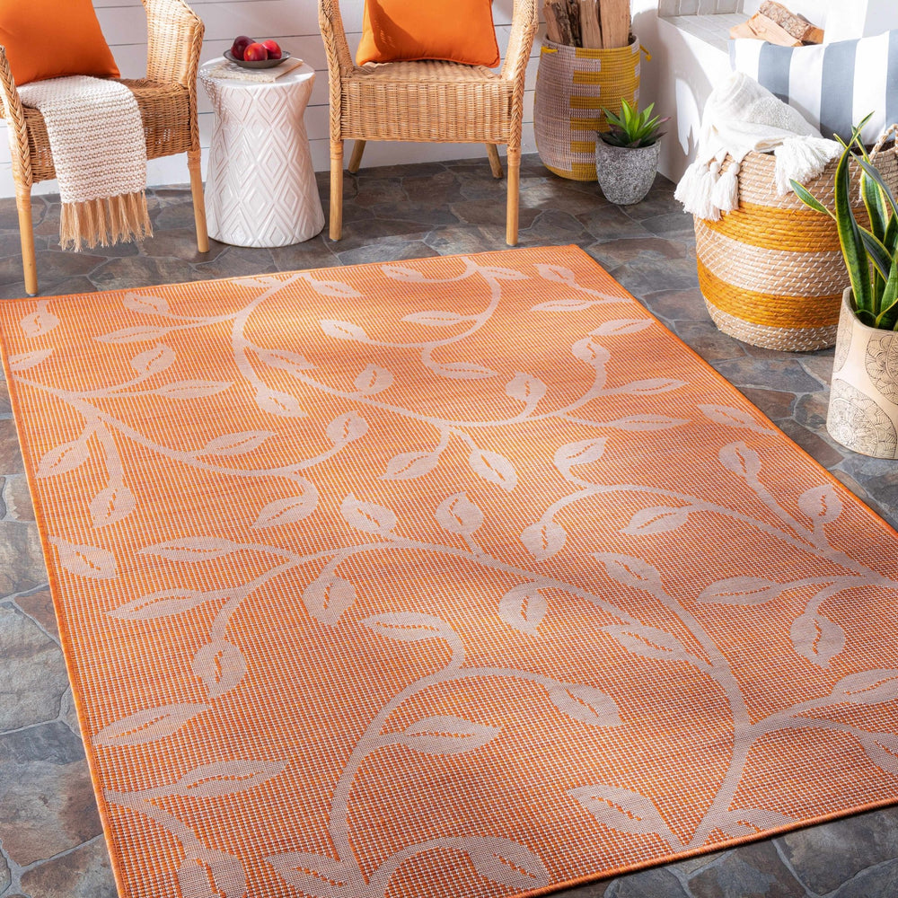 Calwell Modern Botanical Design Orange Outdoor Area Rug - The Rug Decor