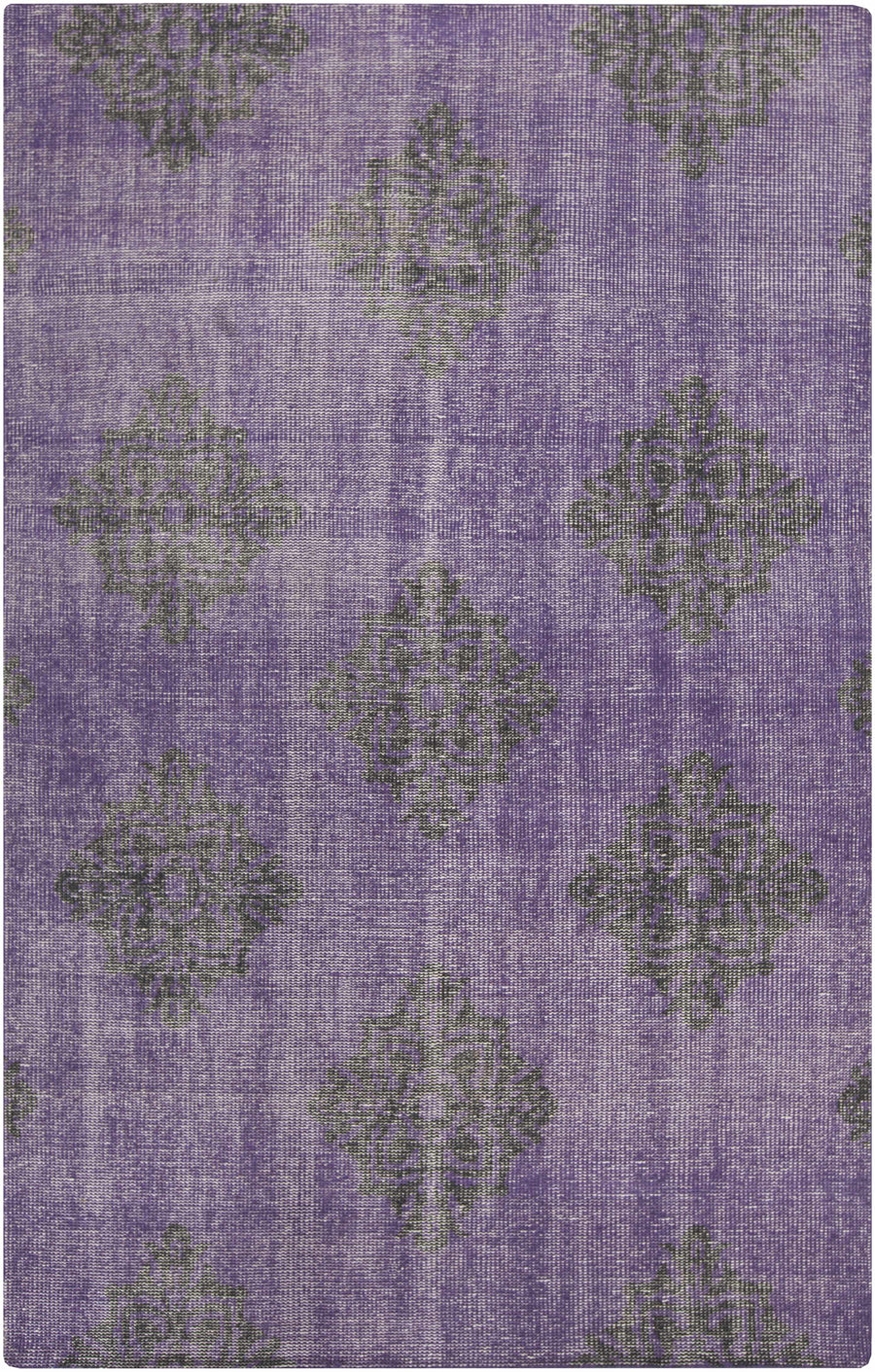 Purple area rug with dark floral medallion pattern, textured woven surface