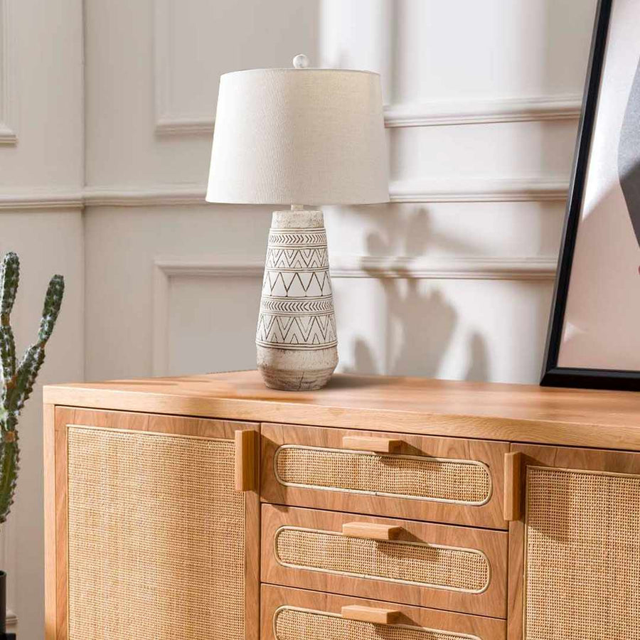 Camaligan Tan & Cream Resin Table Lamp – Transitional Bohemian Accent Lighting with Linen Shade - The Rug Decor