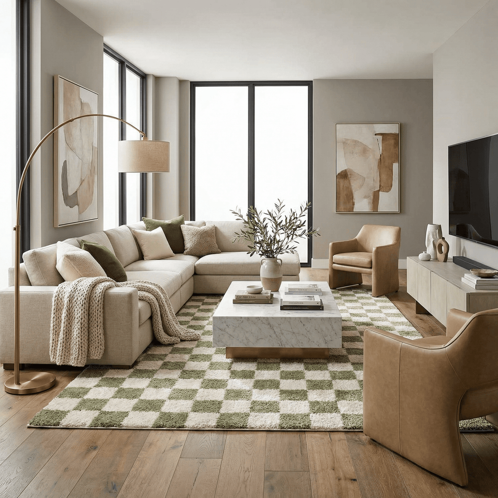 Canika Modern Geometrical Green And Beige Washable Rug - The Rug Decor