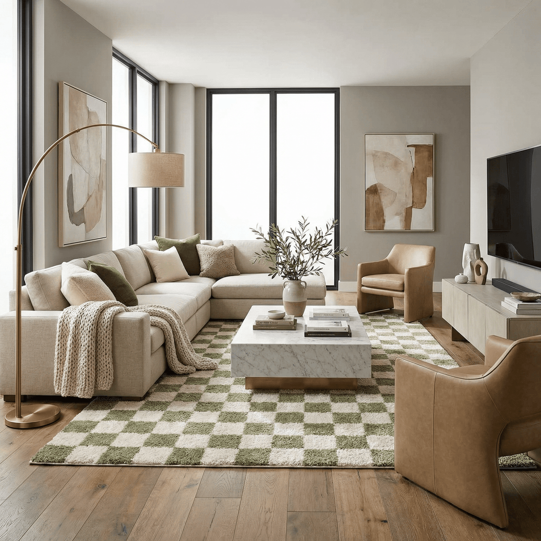 Canika Modern Geometrical Green And Beige Washable Rug - The Rug Decor