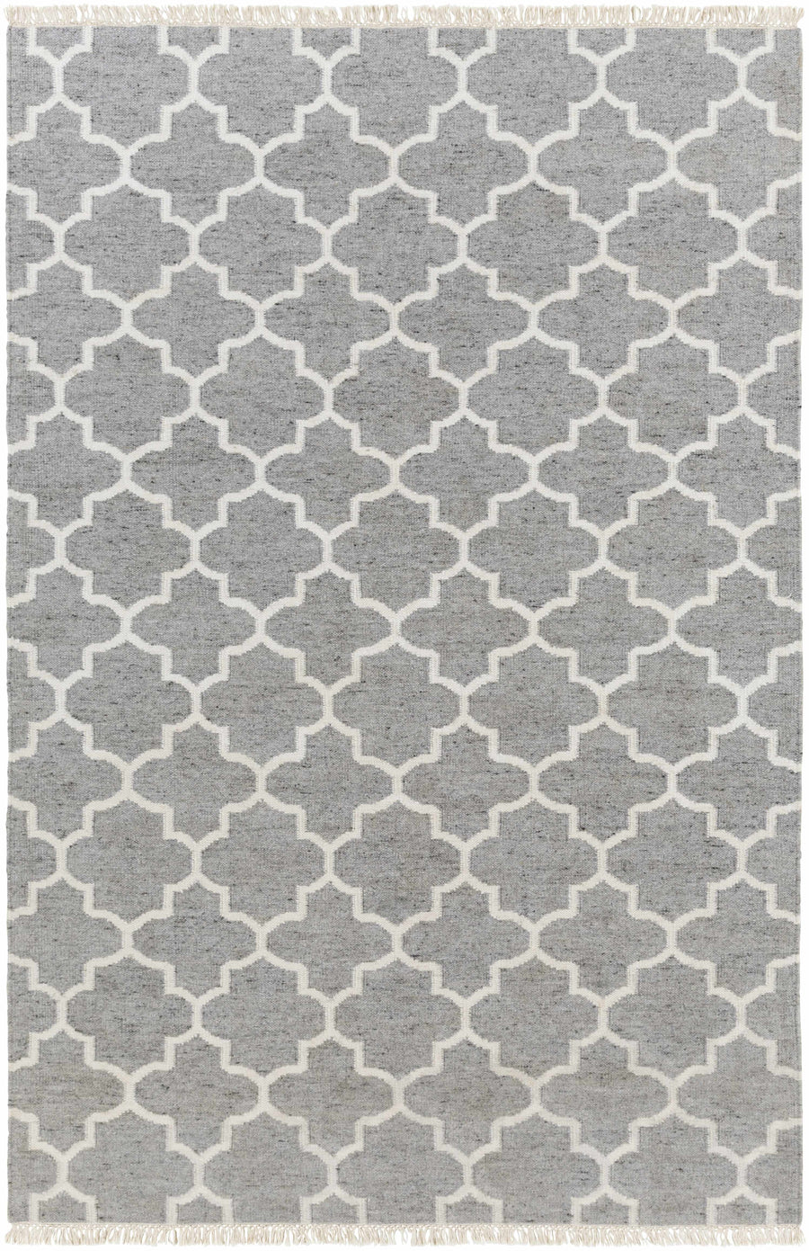 Geometric trellis rug with gray pile and ivory lattice pattern, rectangular border