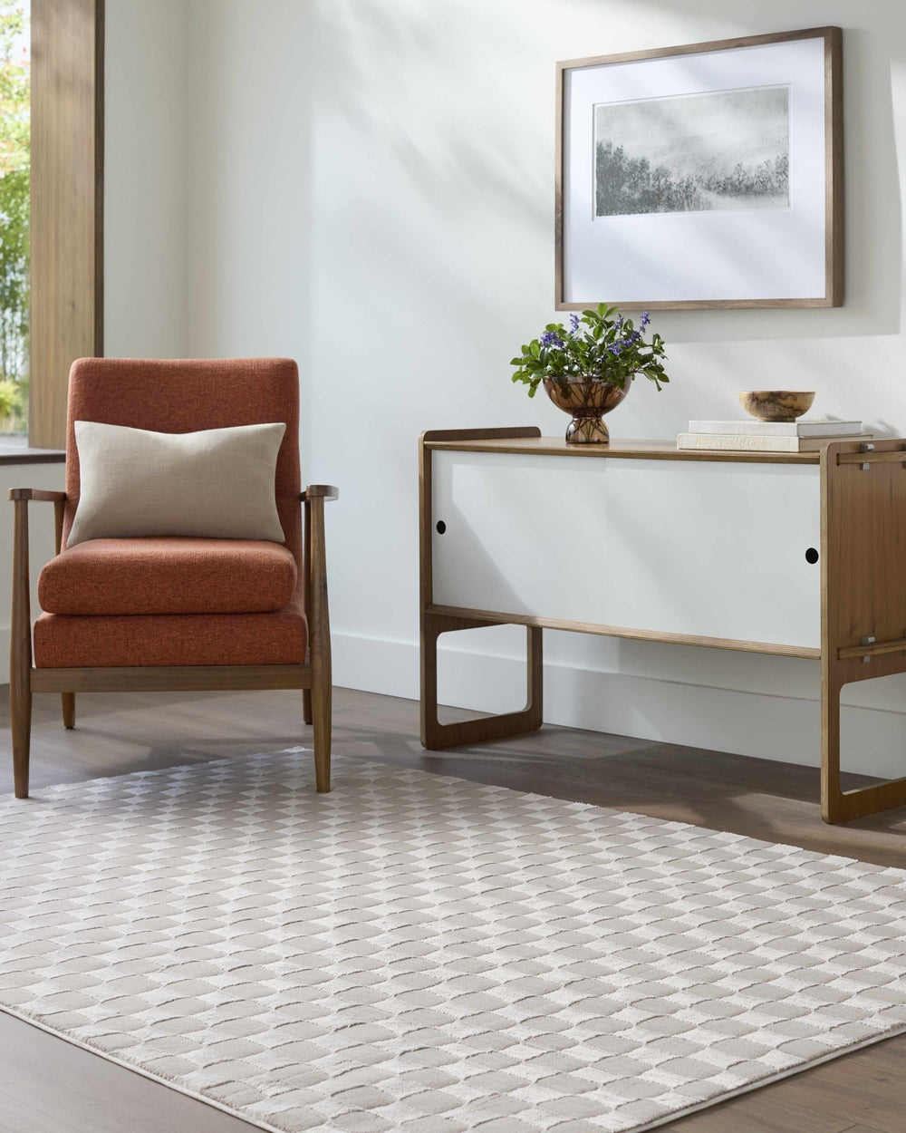 Carina Geometrical Ivory And Taupe Checkered Washable Rug - The Rug Decor