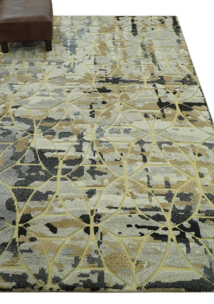 Carved Texture Abstract Ivory, Gray, Camel, Charcoal and Gold Hand Knotted 5x8 wool Rug - The Rug Decor