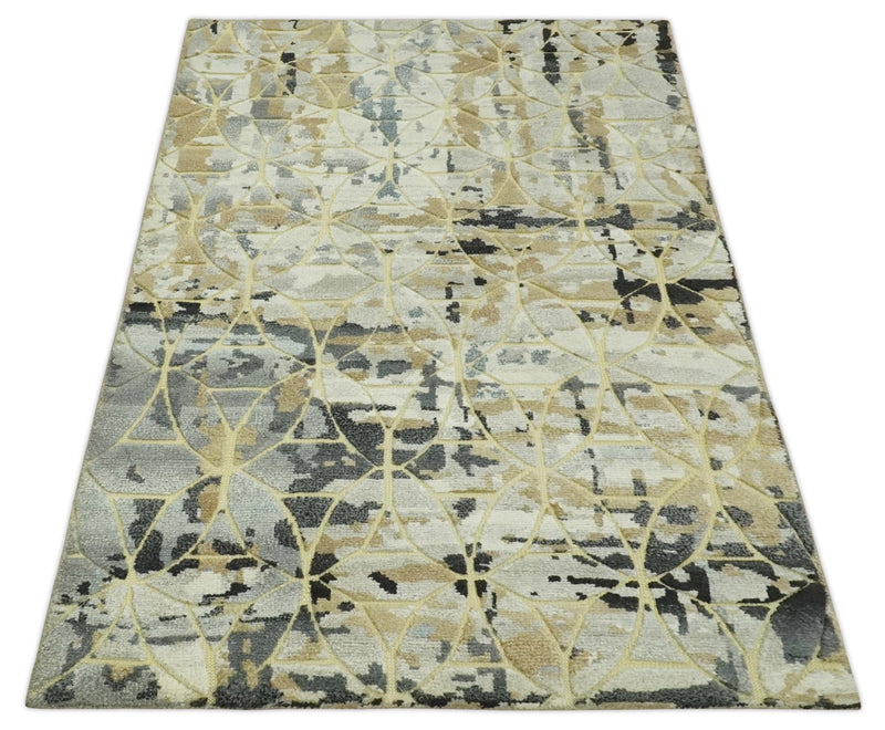 Carved Texture Abstract Ivory, Gray, Camel, Charcoal and Gold Hand Knotted 5x8 wool Rug - The Rug Decor