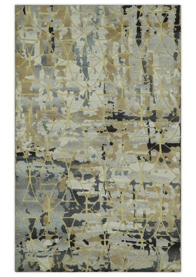 Carved Texture Abstract Ivory, Gray, Camel, Charcoal and Gold Hand Knotted 5x8 wool Rug - The Rug Decor