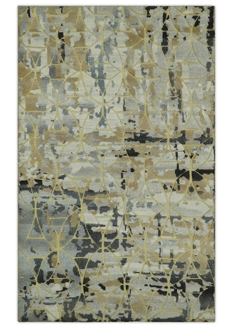 Carved Texture Abstract Ivory, Gray, Camel, Charcoal and Gold Hand Knotted 5x8 wool Rug - The Rug Decor