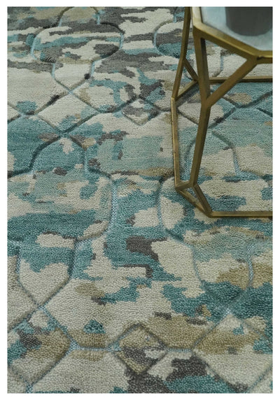 Carved Texture Ivory, Blue, Olive and Charcoal Modern Abstract 5x8 Hand Knotted wool Area Rug - The Rug Decor