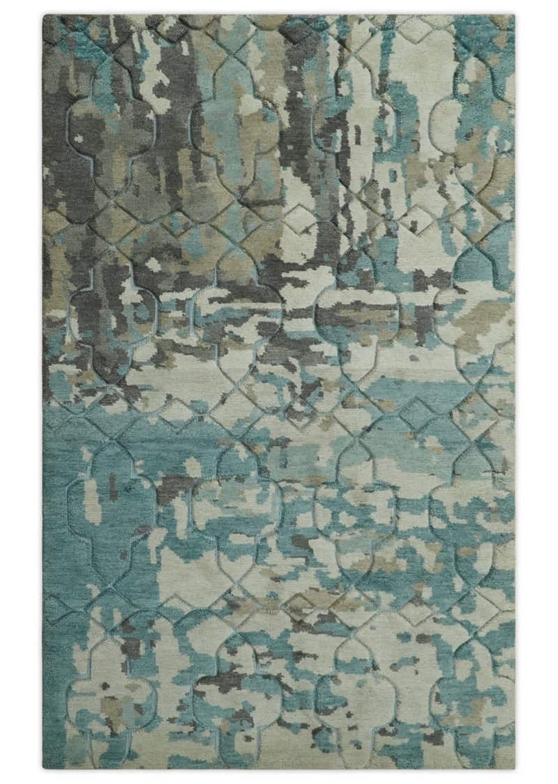 Carved Texture Ivory, Blue, Olive and Charcoal Modern Abstract 5x8 Hand Knotted wool Area Rug - The Rug Decor