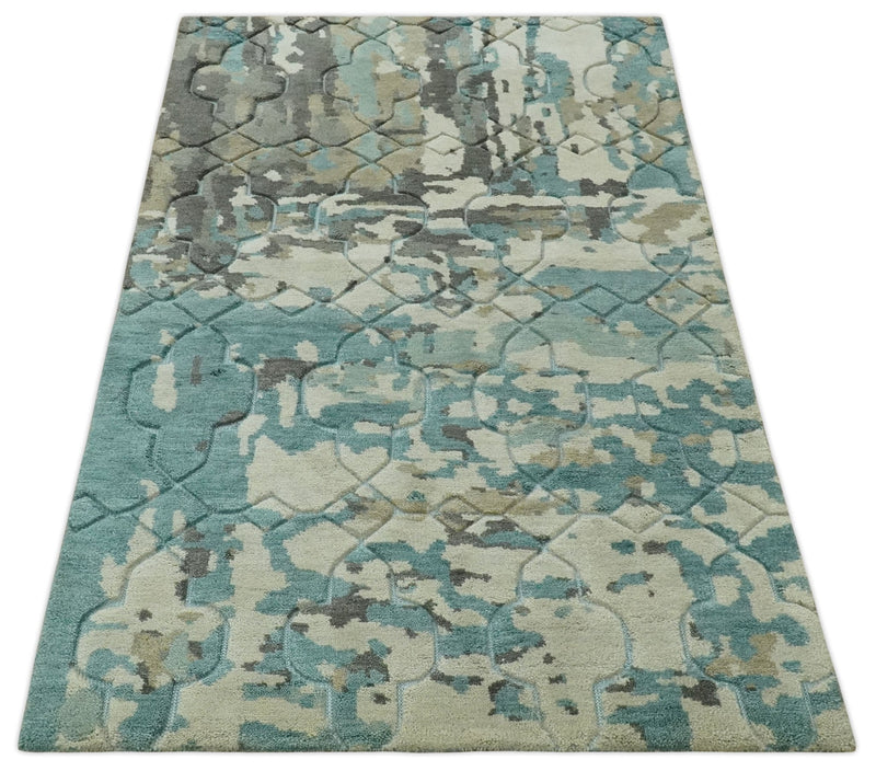 Carved Texture Ivory, Blue, Olive and Charcoal Modern Abstract 5x8 Hand Knotted wool Area Rug - The Rug Decor