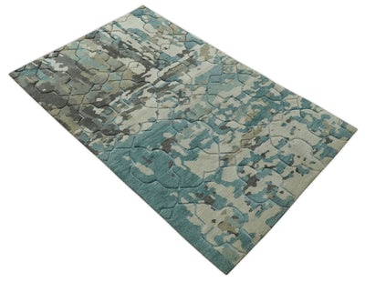 Carved Texture Ivory, Blue, Olive and Charcoal Modern Abstract 5x8 Hand Knotted wool Area Rug - The Rug Decor