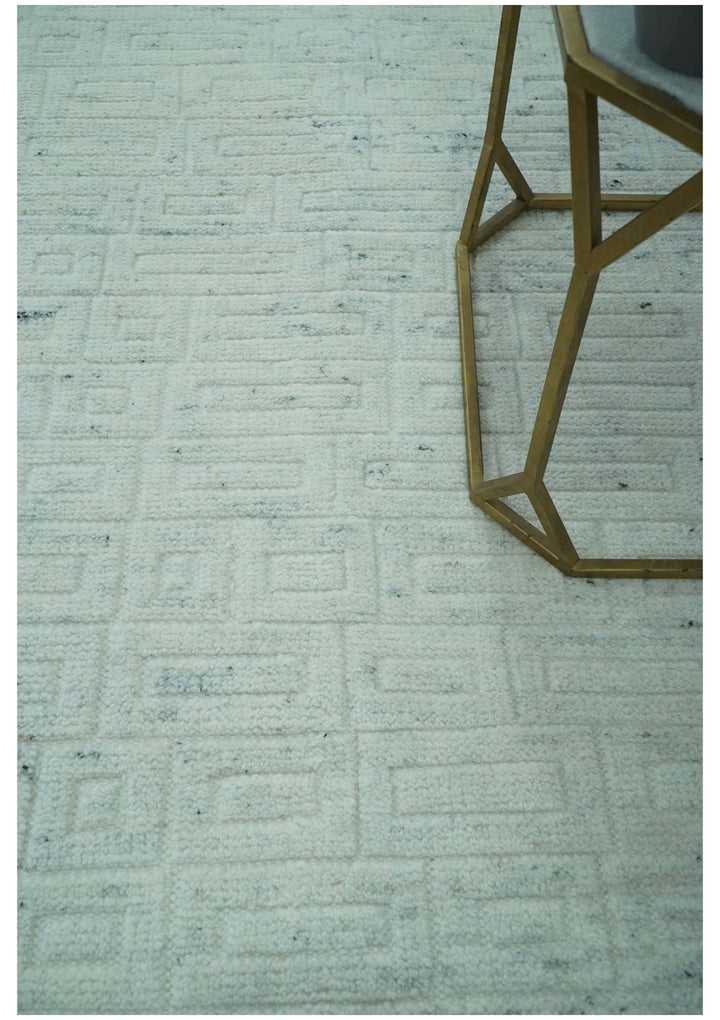 Carved Texture Modern Geometrical Bricks Design Ivory and Light Blue Hand Knotted 5x8 wool Area Rug - The Rug Decor