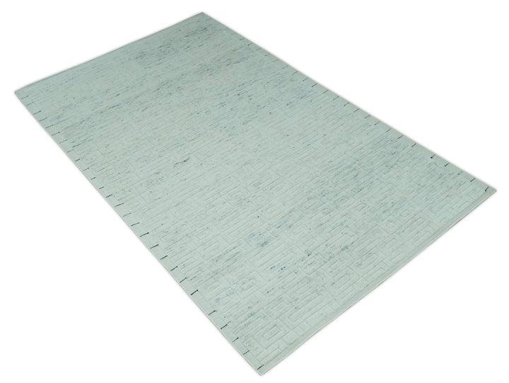 Carved Texture Modern Geometrical Bricks Design Ivory and Light Blue Hand Knotted 5x8 wool Area Rug - The Rug Decor