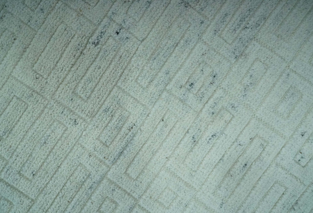 Carved Texture Modern Geometrical Bricks Design Ivory and Light Blue Hand Knotted 5x8 wool Area Rug - The Rug Decor
