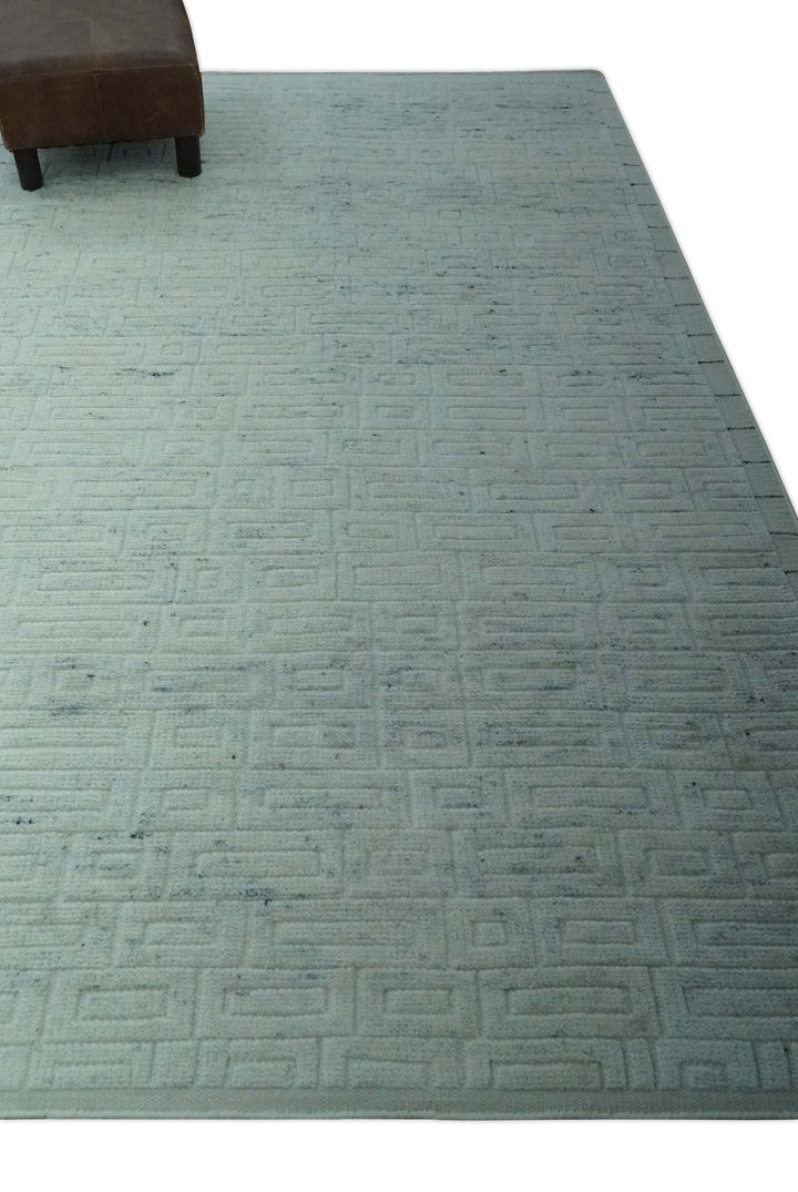 Carved Texture Modern Geometrical Bricks Design Ivory and Light Blue Hand Knotted 5x8 wool Area Rug - The Rug Decor