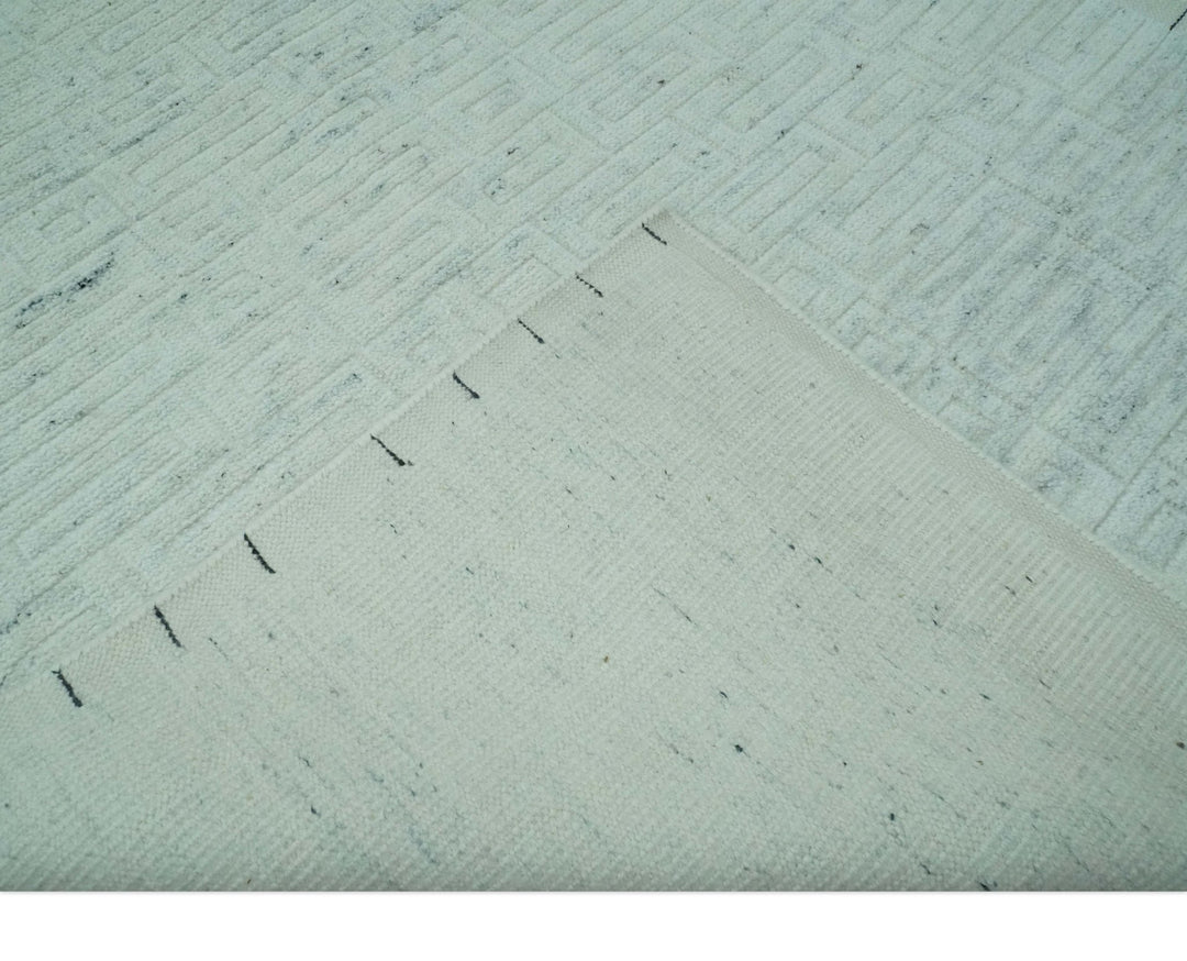 Carved Texture Modern Geometrical Bricks Design Ivory and Light Blue Hand Knotted 5x8 wool Area Rug - The Rug Decor
