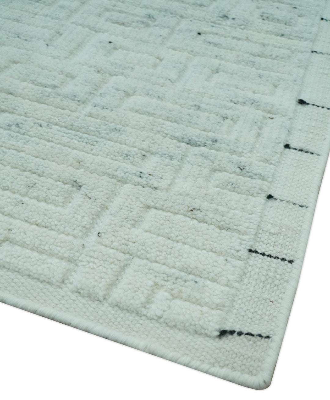 Carved Texture Modern Geometrical Bricks Design Ivory and Light Blue Hand Knotted 5x8 wool Area Rug - The Rug Decor