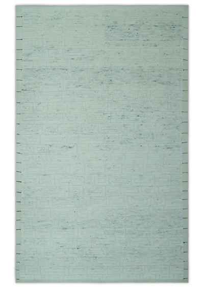 Carved Texture Modern Geometrical Design Custom Made Ivory and Light Blue Wool Area Rug - The Rug Decor