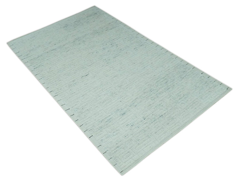 Carved Texture Modern Geometrical Design Custom Made Ivory and Light Blue Wool Area Rug - The Rug Decor