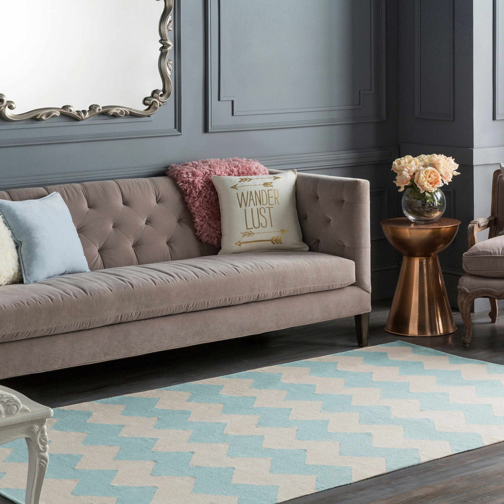 Caswell Chevron Geometrical Ivory And Blue Rug - The Rug Decor