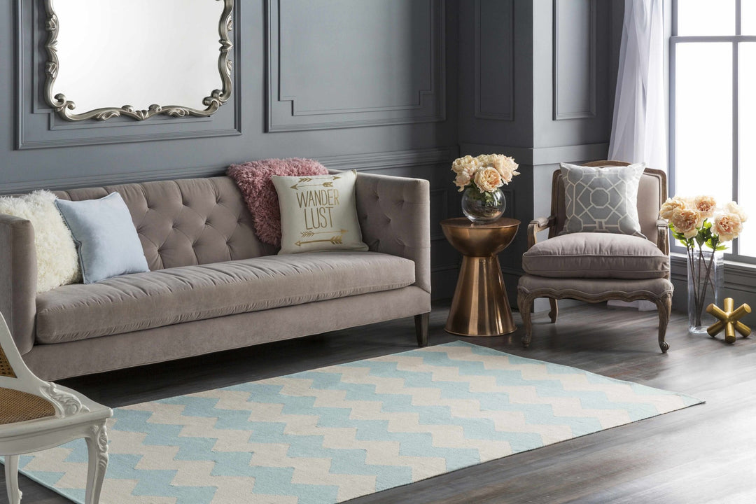 Caswell Chevron Geometrical Ivory And Blue Rug - The Rug Decor