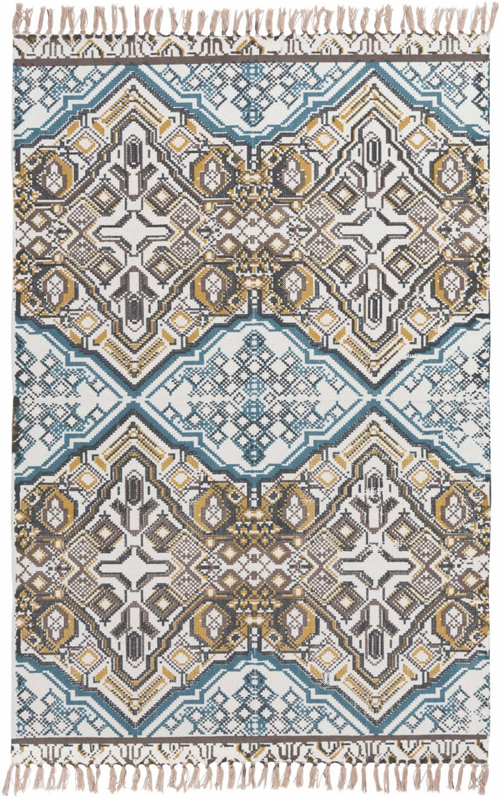 Catherine Contemporary Mustard And Blue Hand Woven Cotton Rug - The Rug Decor
