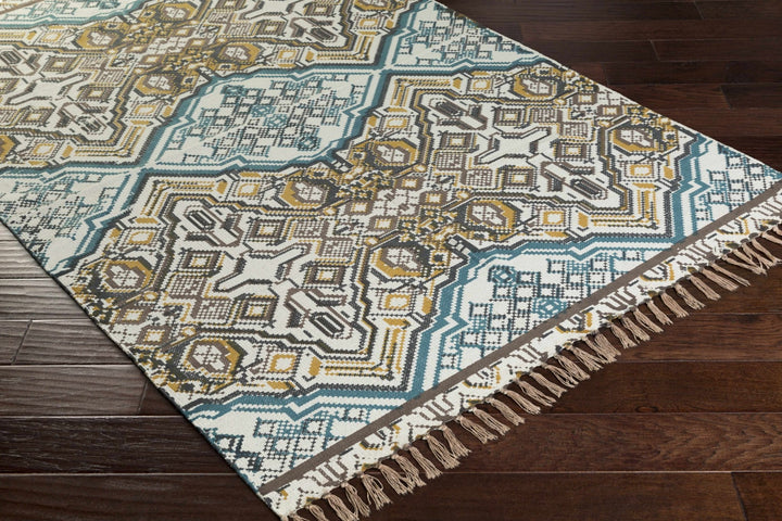 Catherine Contemporary Mustard And Blue Hand Woven Cotton Rug - The Rug Decor