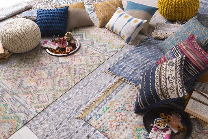 Catherine Contemporary Mustard And Blue Hand Woven Cotton Rug - The Rug Decor