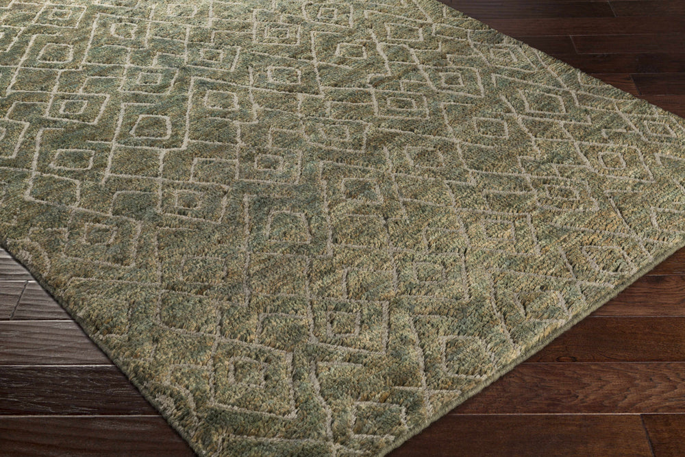 Green and light neutral area rug, corner close-up with geometric block pattern