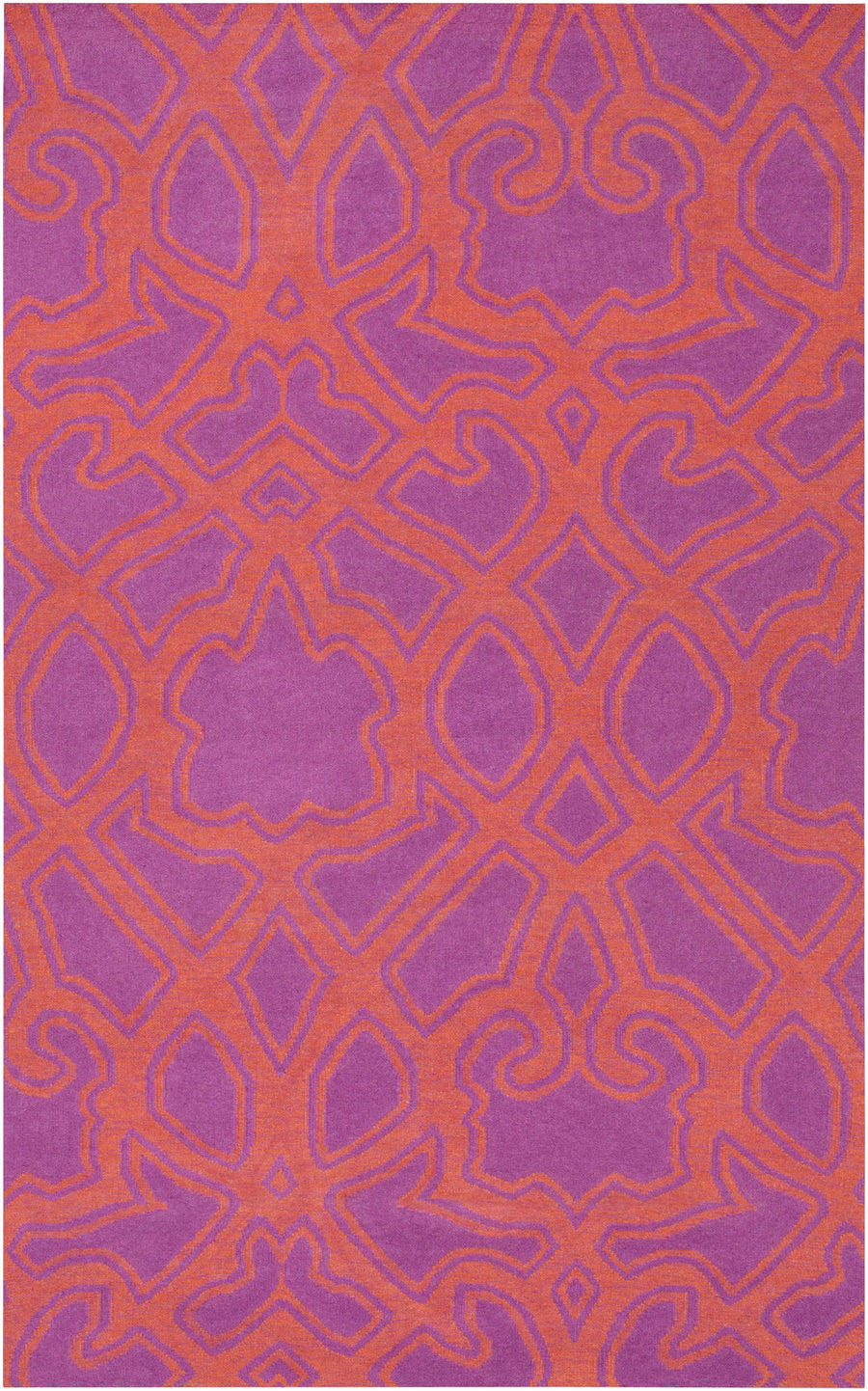 Purple and orange hand-woven wool area rug with geometric medallion pattern