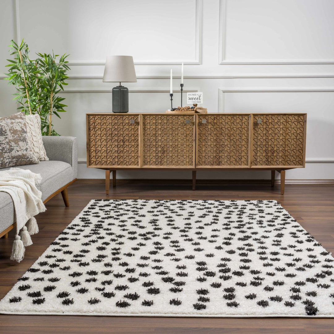Chaia Dotted Contemporary Ivory and Black Plush Pile Area Rug - The Rug Decor