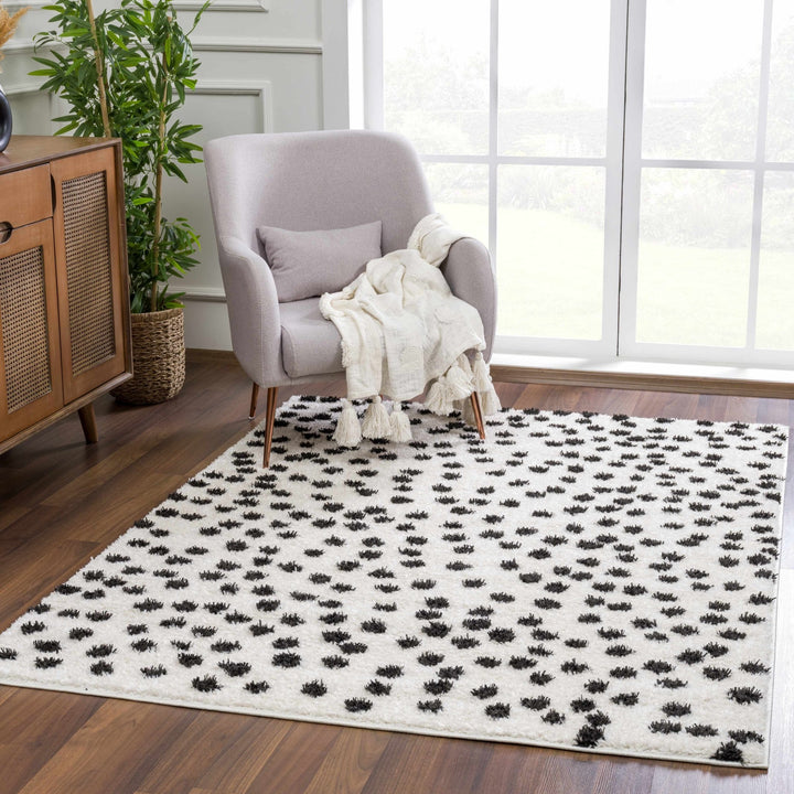 Chaia Dotted Contemporary Ivory and Black Plush Pile Area Rug - The Rug Decor