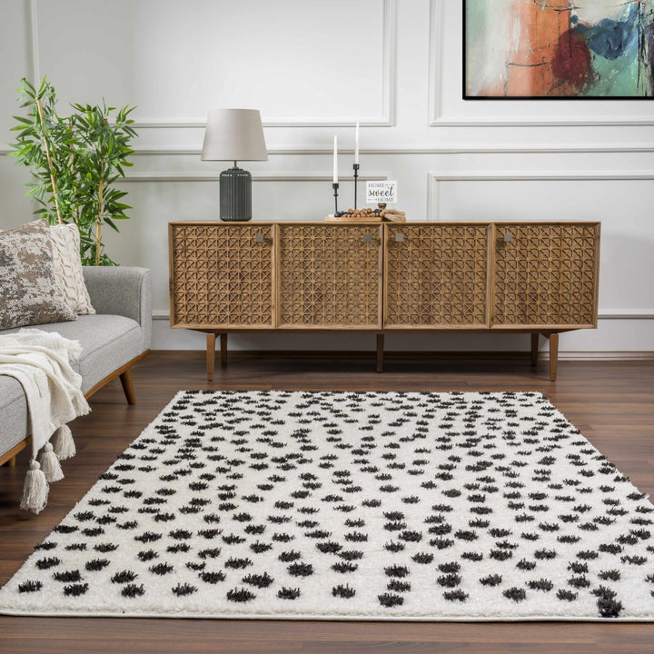 Chaia Dotted Contemporary Ivory and Black Plush Pile Area Rug - The Rug Decor