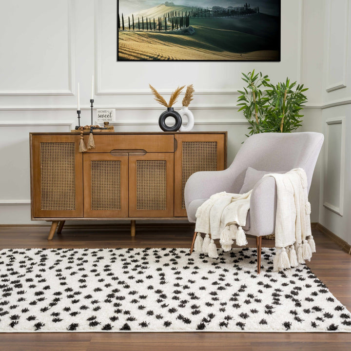 Chaia Dotted Contemporary Ivory and Black Plush Pile Area Rug - The Rug Decor
